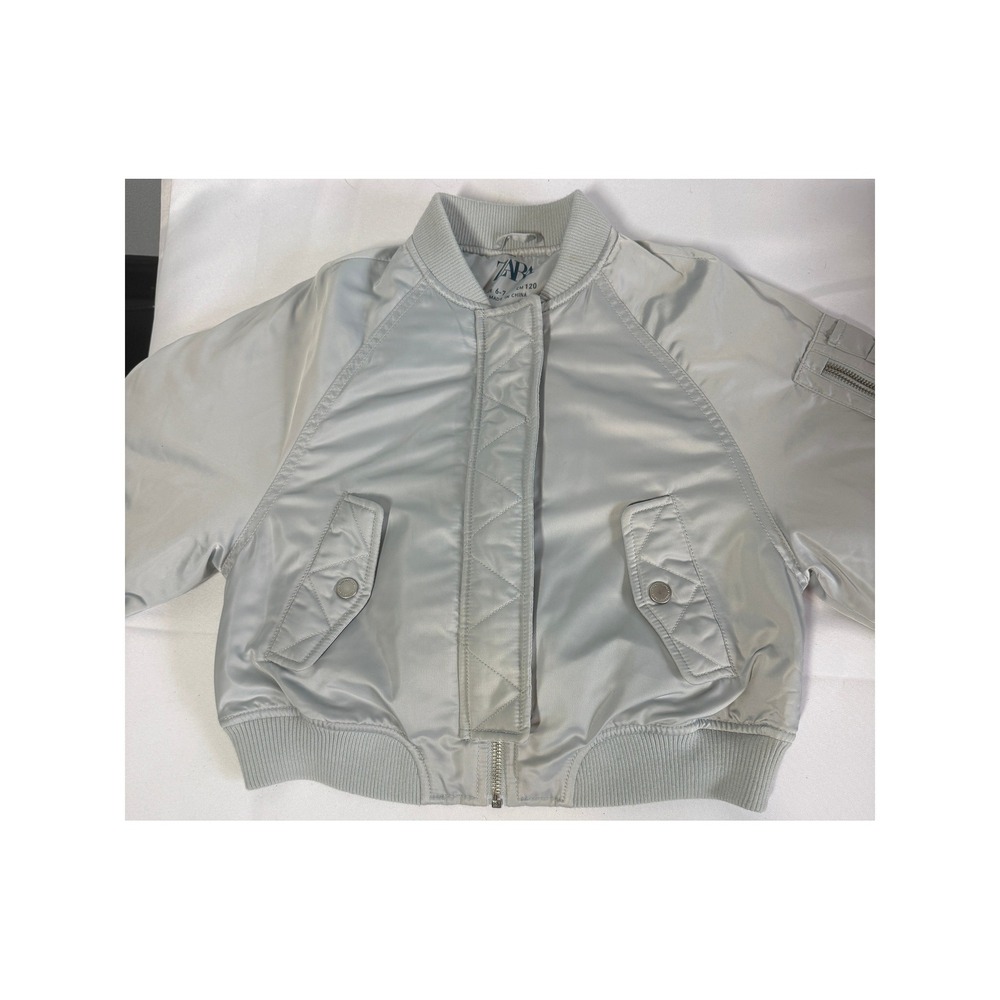 Zara Girls Bomber Jacket Sz 6-7 Silver Full Zip Quilted Flap Pockets Fall Sporty